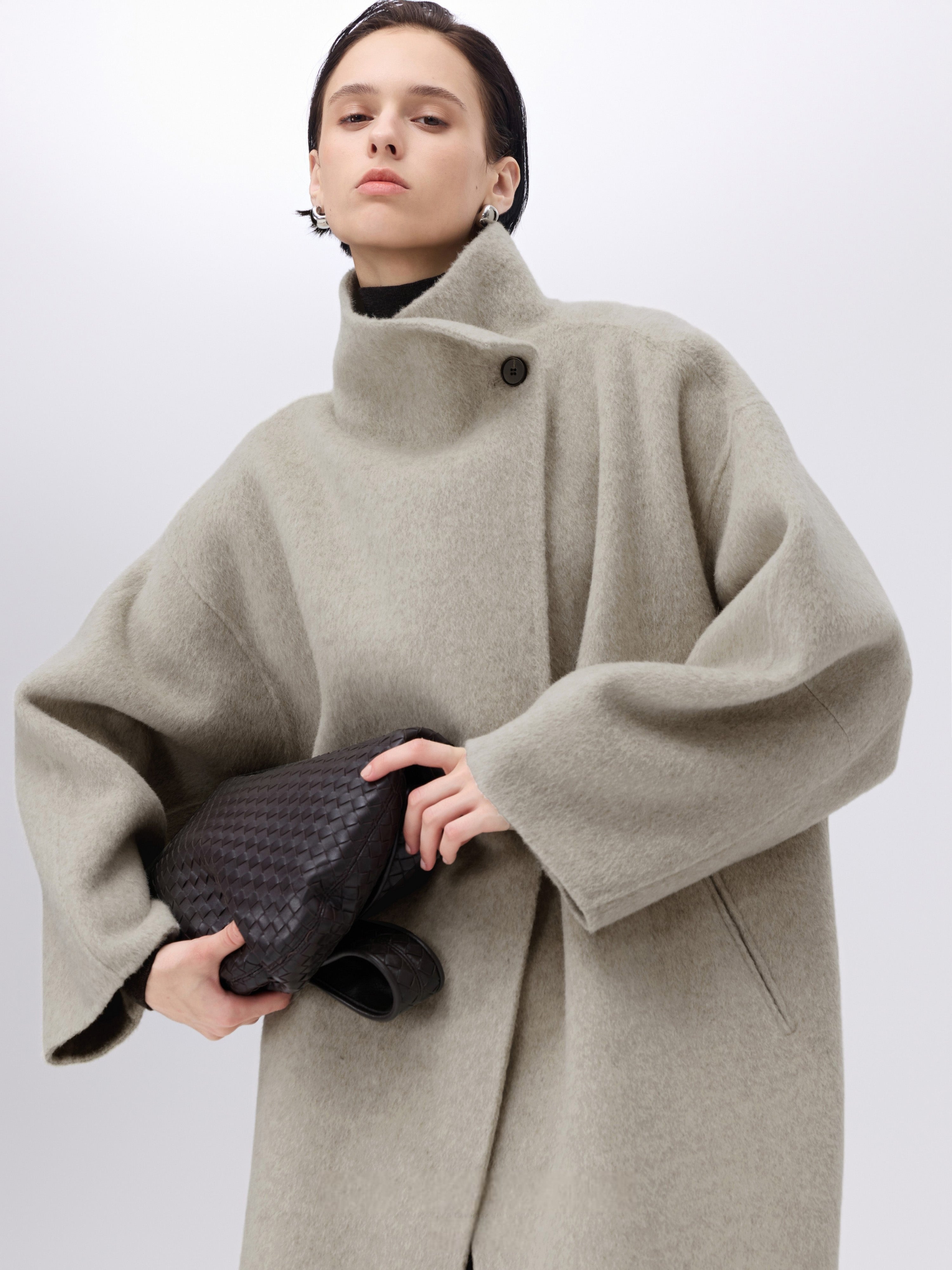 Asymmetric High-Neck Coat - Oat