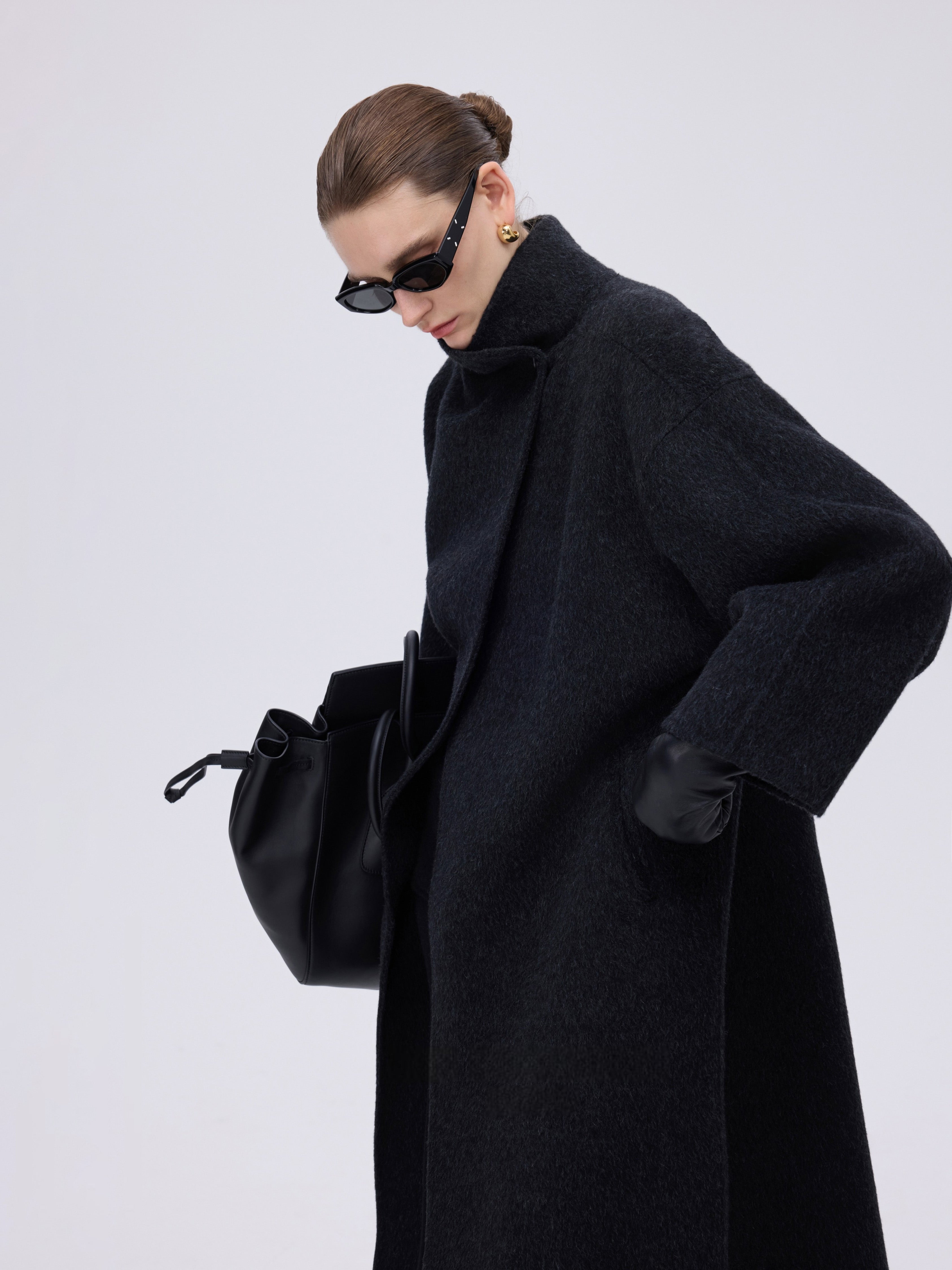 Asymmetric High-Neck Coat - Black