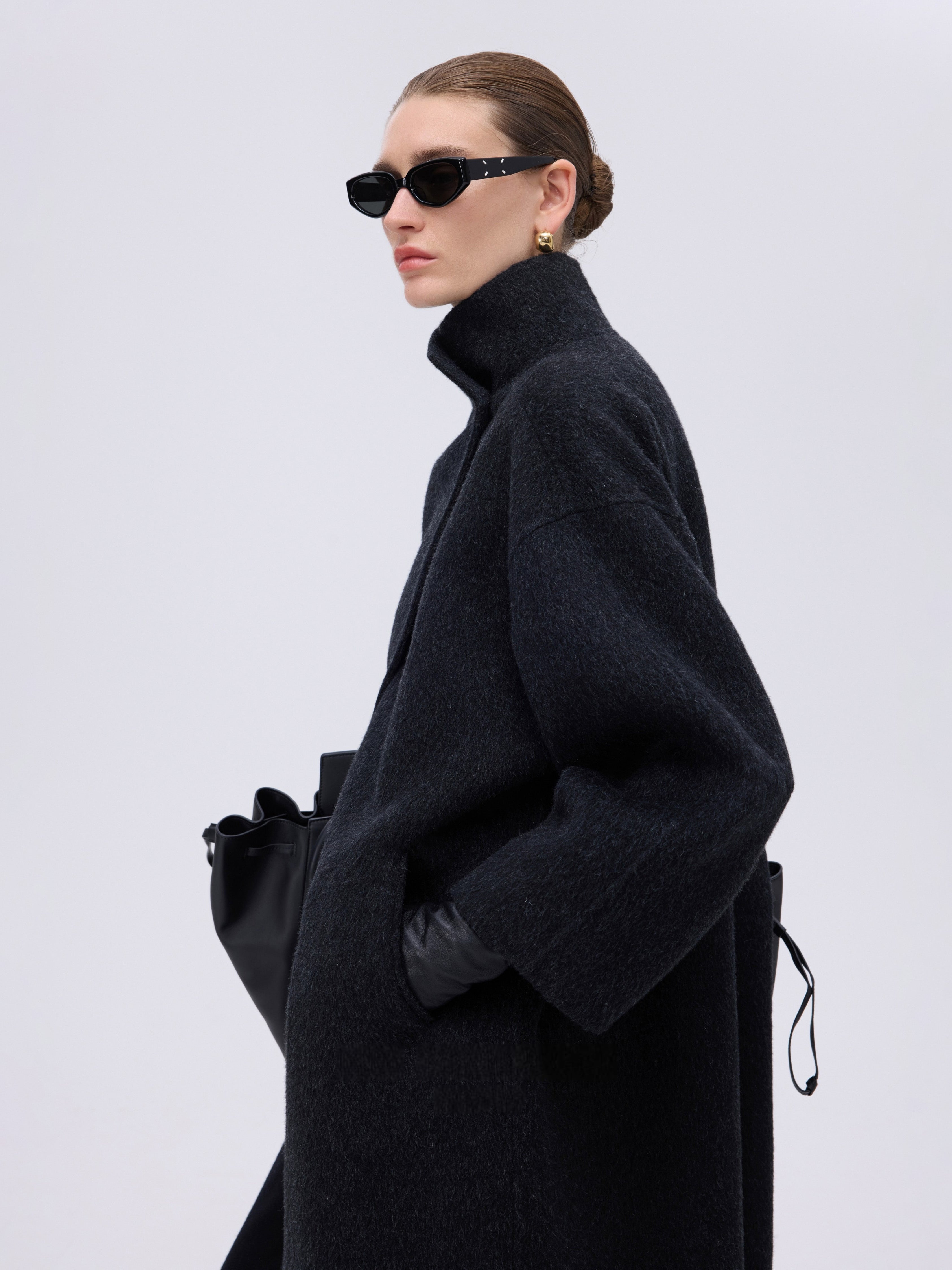 Asymmetric High-Neck Coat - Black
