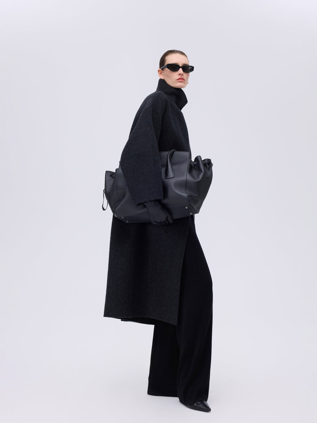 Asymmetric High-Neck Coat - Black