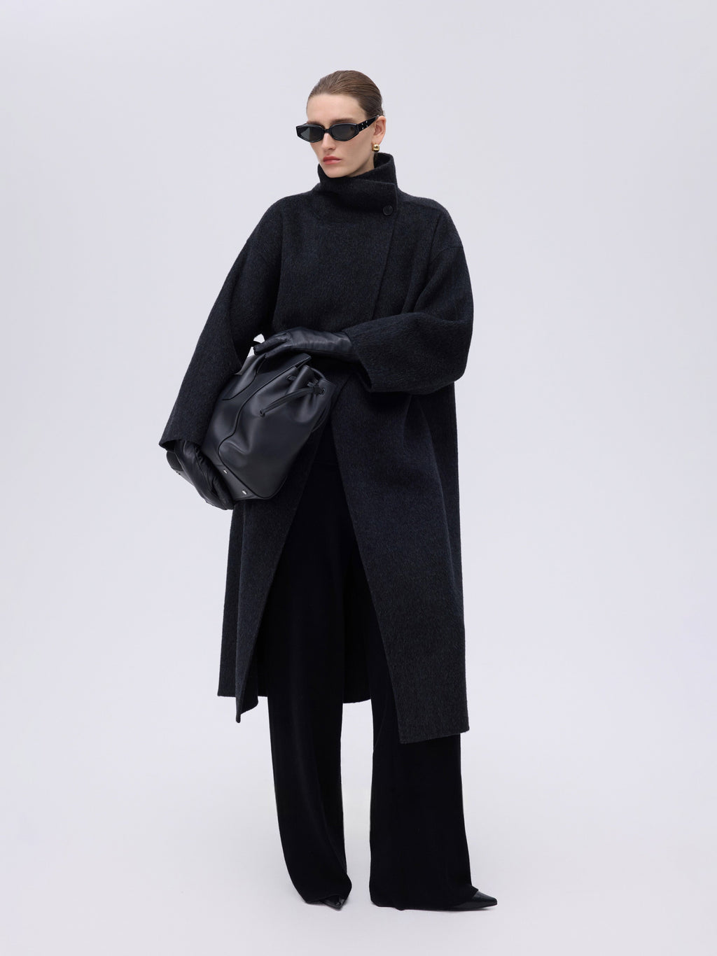 Asymmetric High-Neck Coat - Black