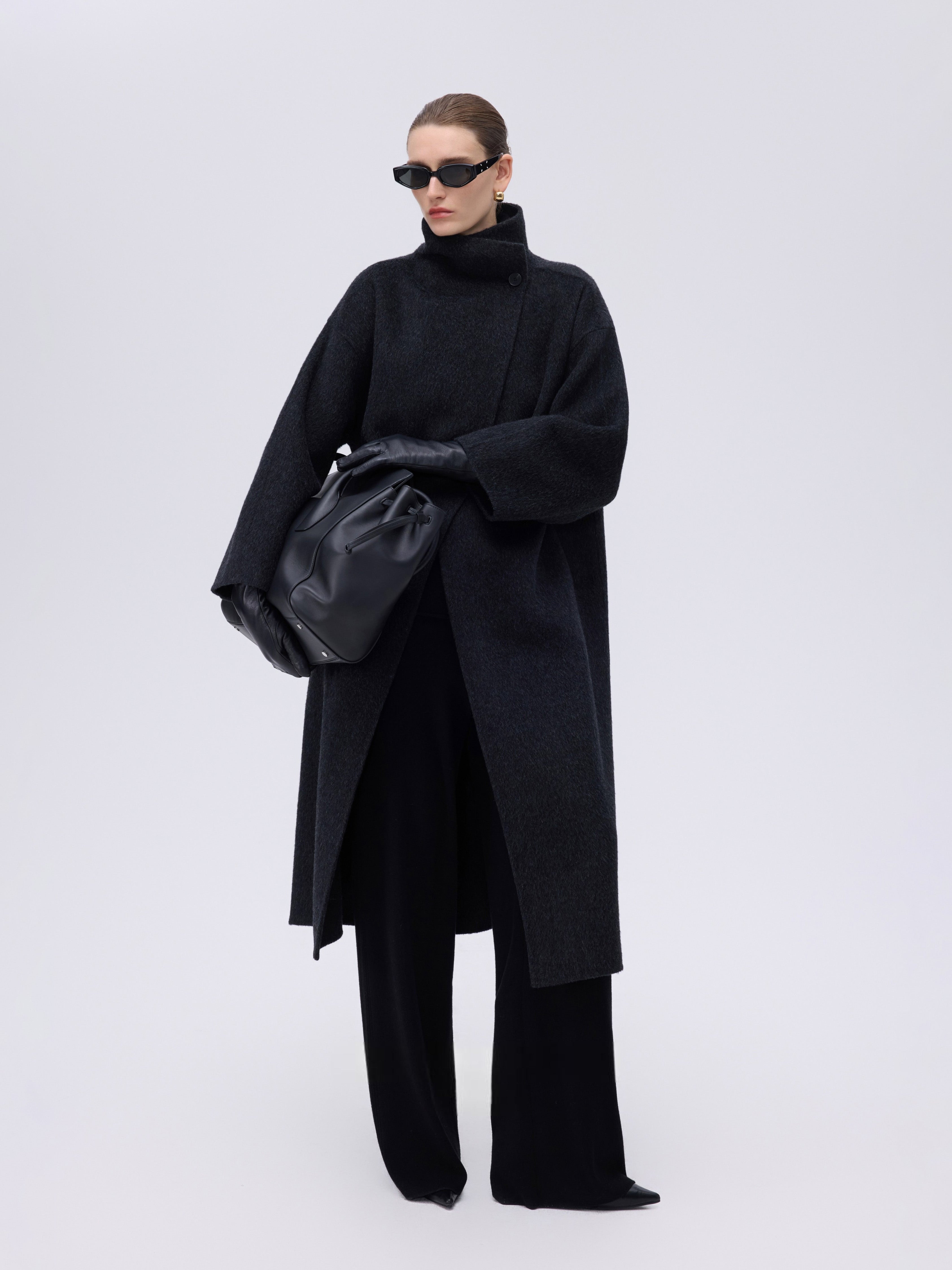 Asymmetric High-Neck Coat - Black