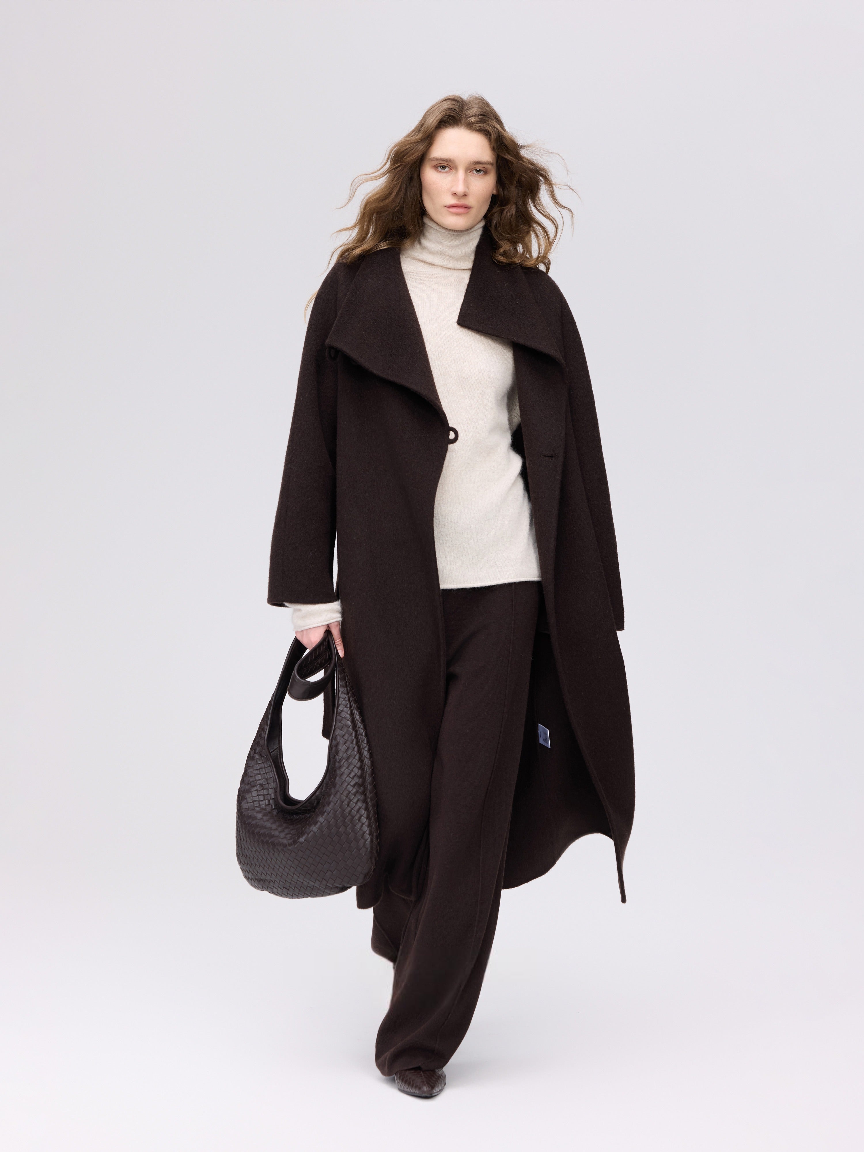 Wool Camel High-Neck Coat - Brown