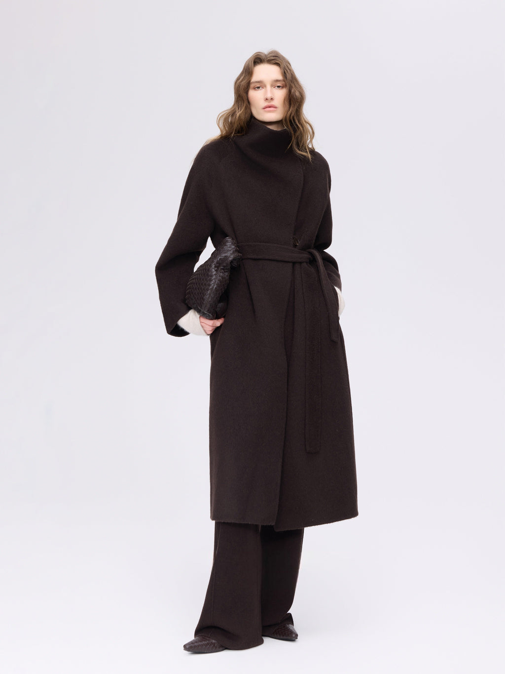 Wool Camel High-Neck Coat - Brown