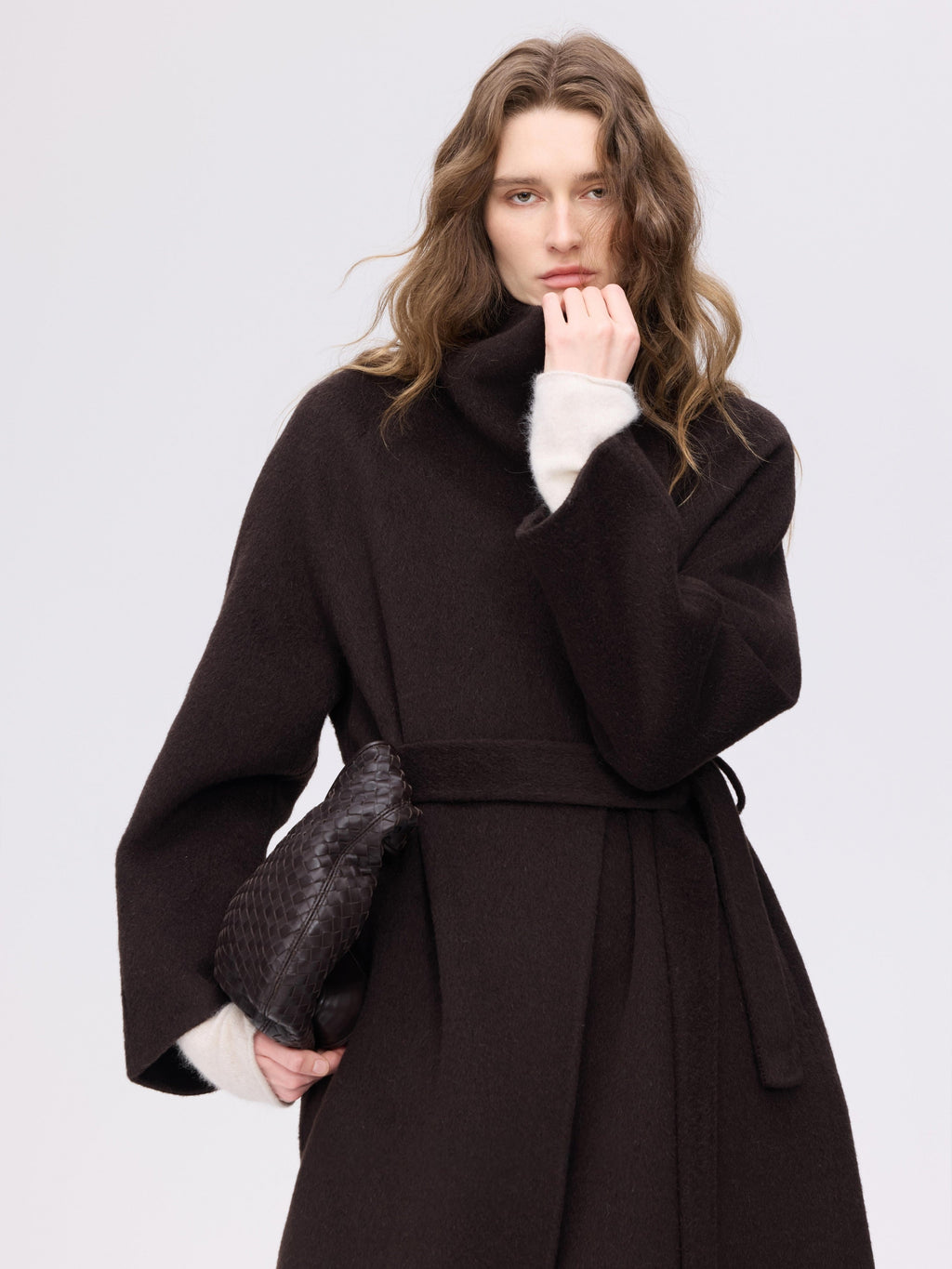 Wool Camel High-Neck Coat - Brown