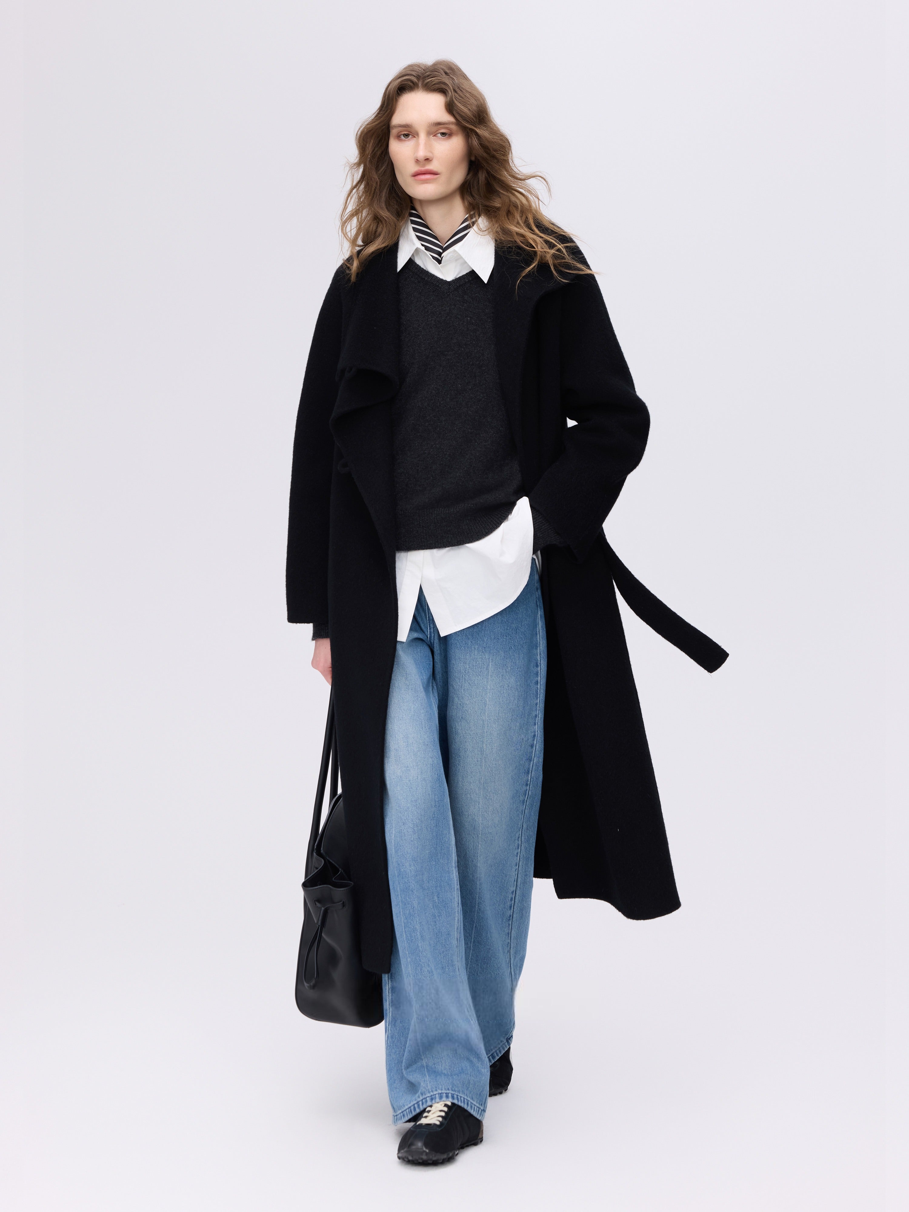 Wool Camel High-Neck Coat - Brown