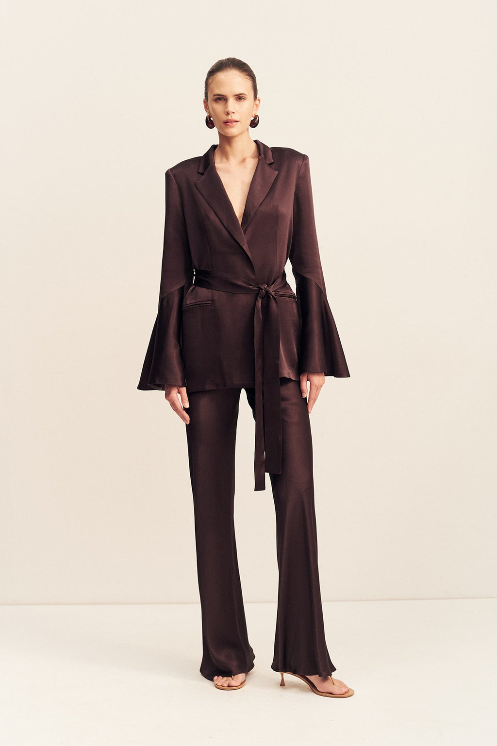 LA LUNE FLARED SLEEVE BELTED BLAZER - ESPRESSO_F