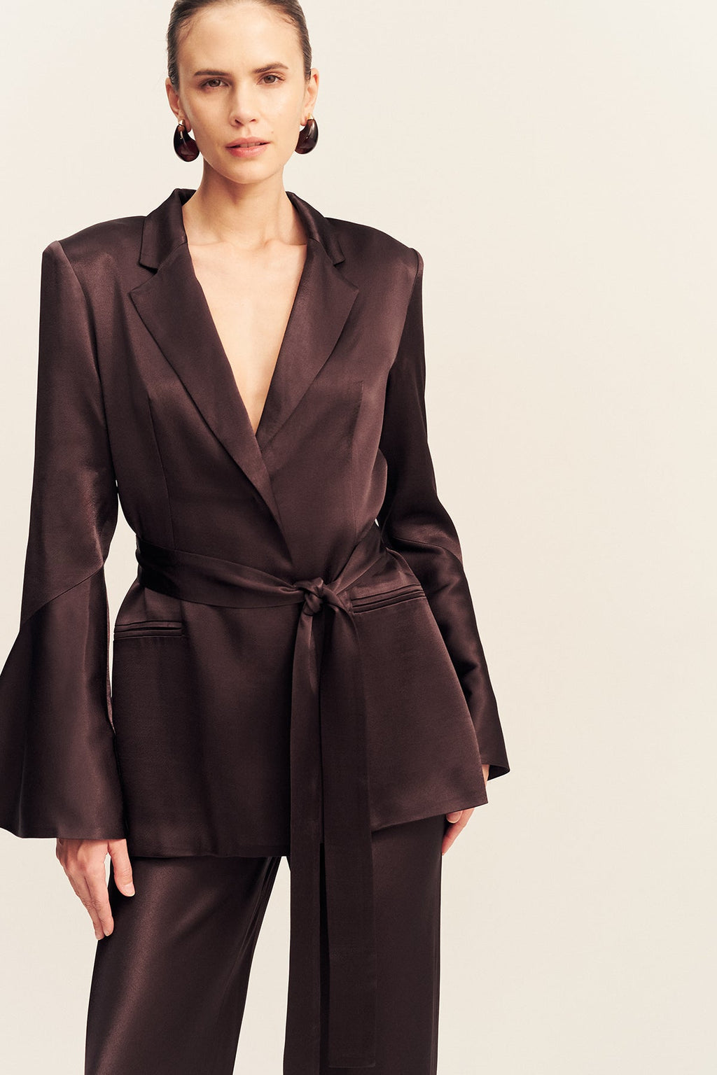 LA LUNE FLARED SLEEVE BELTED BLAZER - ESPRESSO