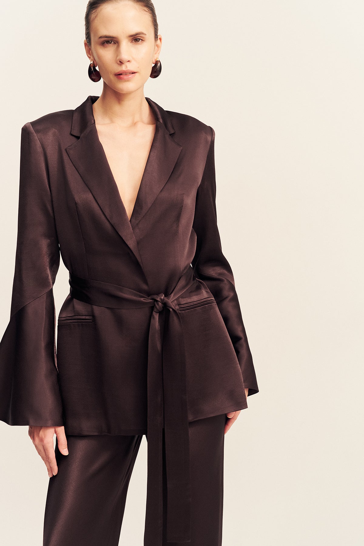 LA LUNE FLARED SLEEVE BELTED BLAZER - ESPRESSO