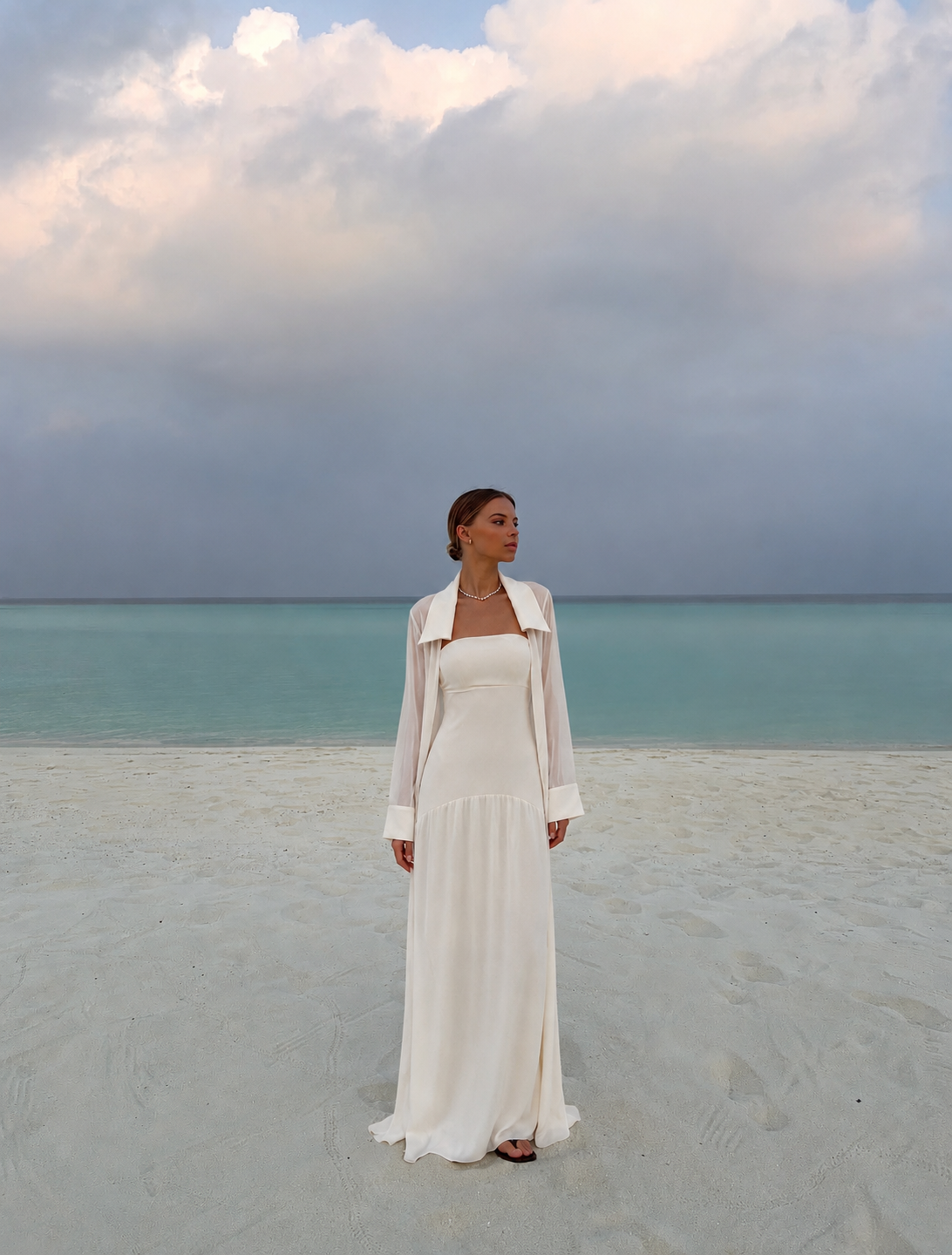 Amaya Satin Mesh Maxi Dress Set - Ivory