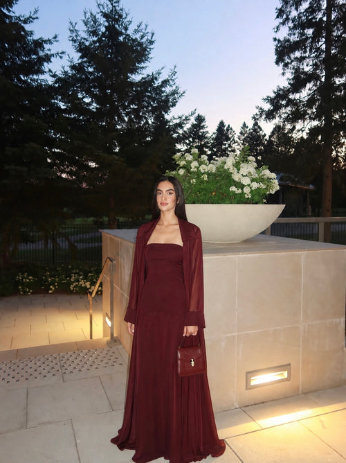 Amaya Satin Mesh Maxi Dress Set - Burgundy