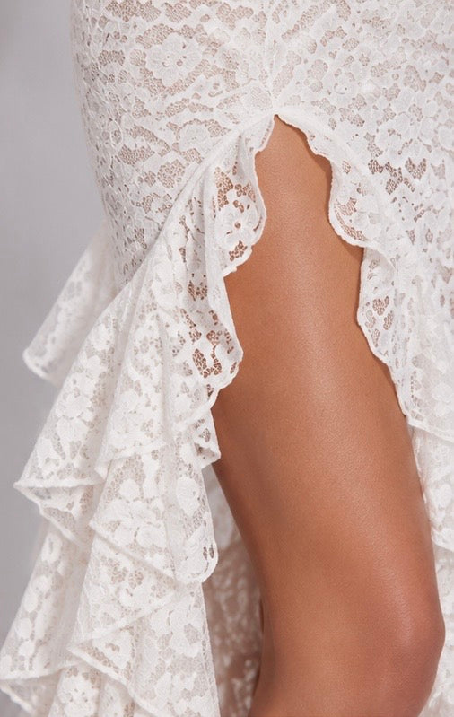 Amelia Lace Ruffle Midi Dress - White