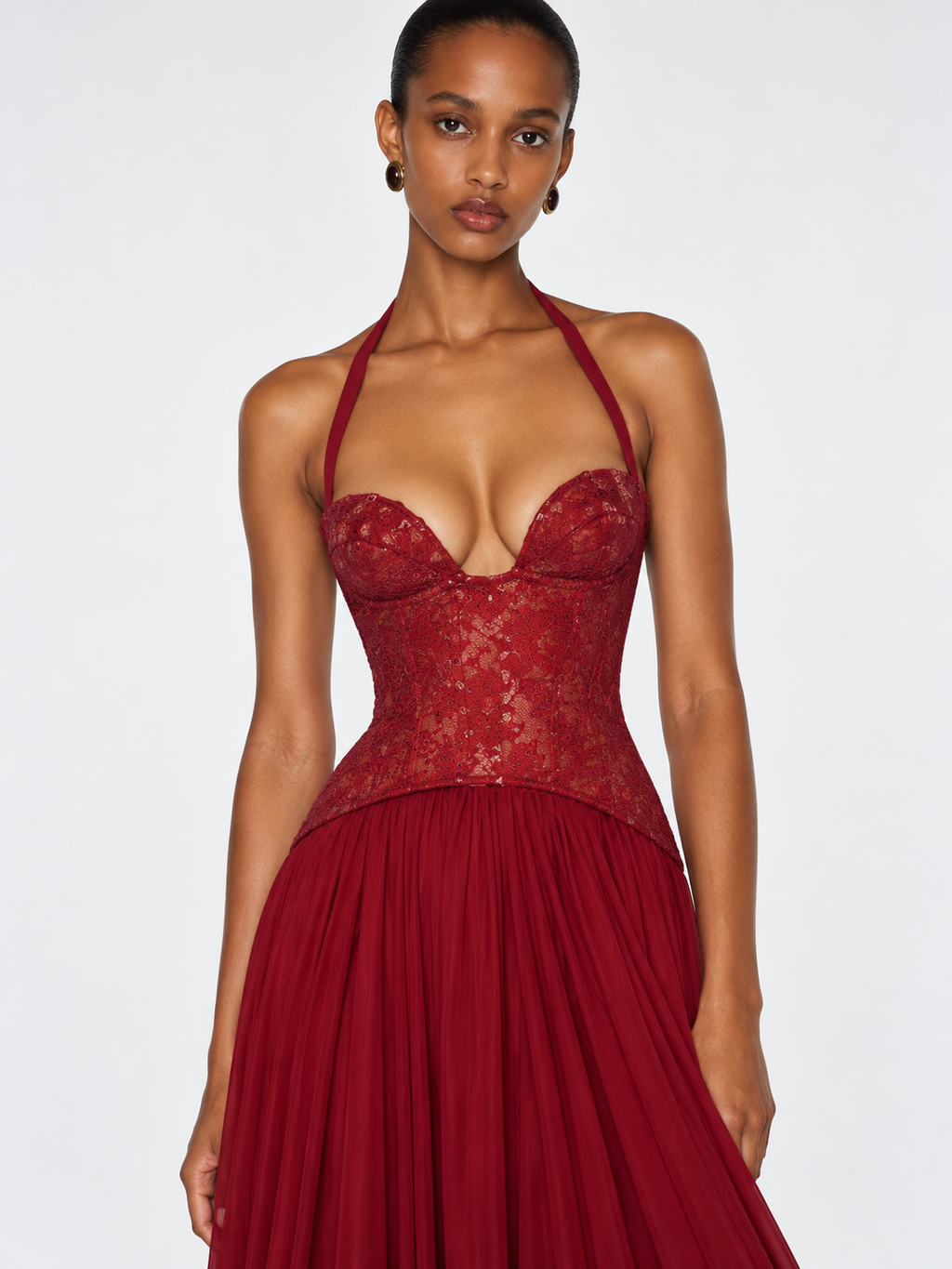 Esra Corset Pleated Maxi Dress - Red