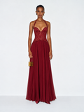 Esra Corset Pleated Maxi Dress - Red