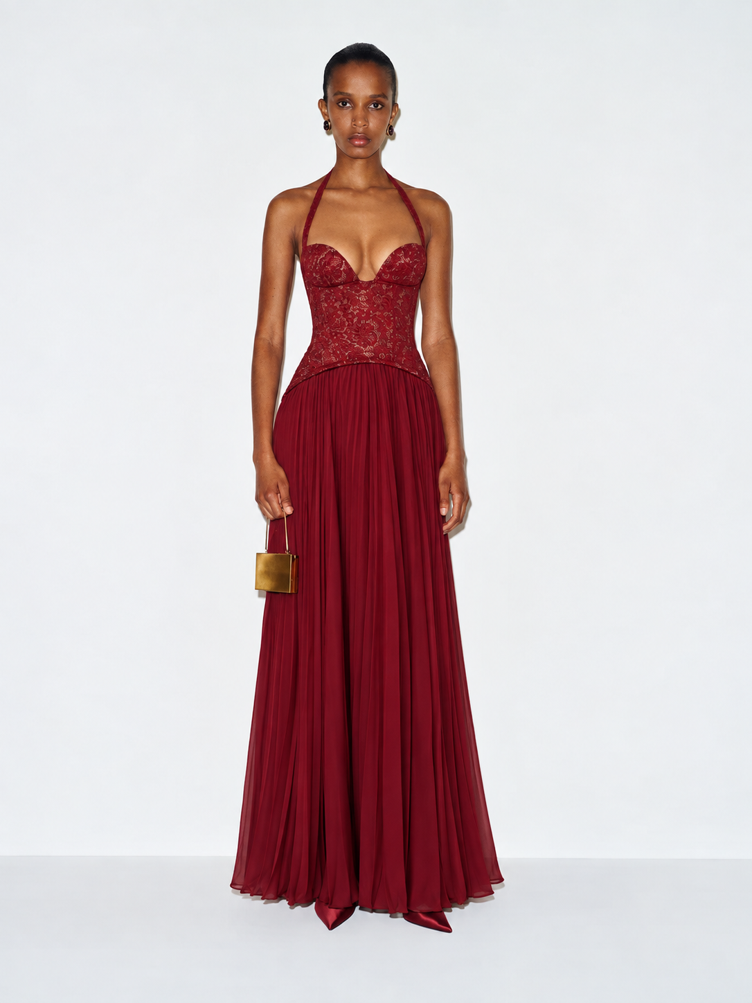Esra Corset Pleated Maxi Dress - Red