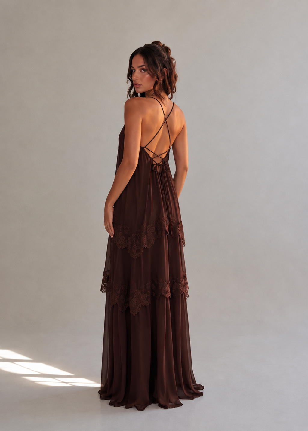 Joyce Lace Tiered Maxi Dress - Brown