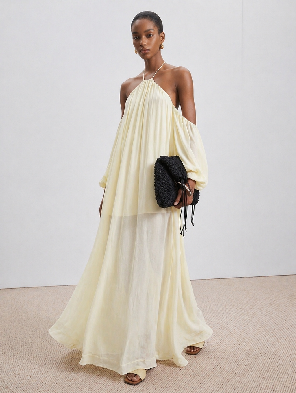 Butter Yellow Halter Neck Sheer Maxi Dress