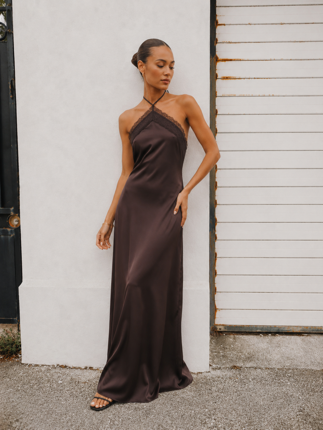 Priya Satin Lace Halter Maxi Dress