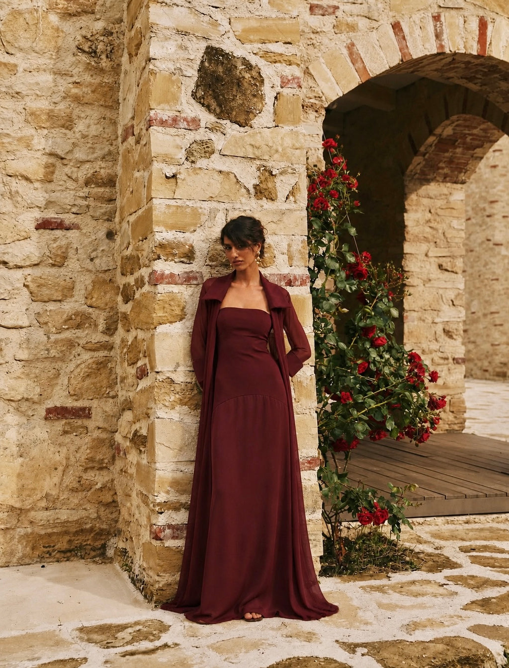 Amaya Satin Mesh Maxi Dress Set - Burgundy