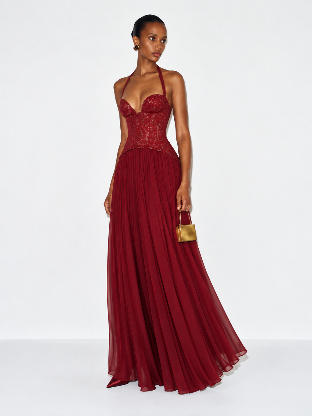 Esra Corset Pleated Maxi Dress - Red