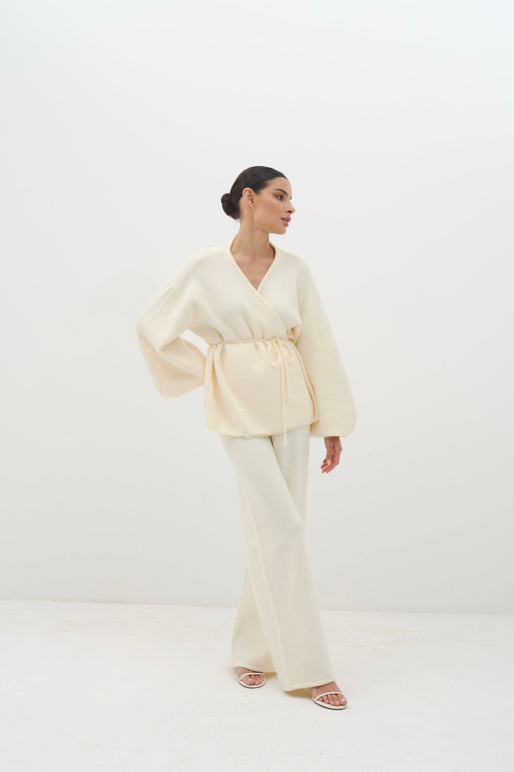 Azalia Wrap Top & Wide-Leg Trouser Set - White