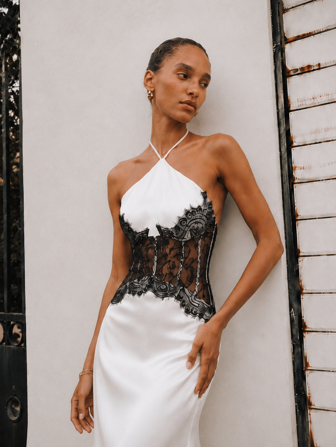 Yulia Satin Halter Lace Maxi Dress