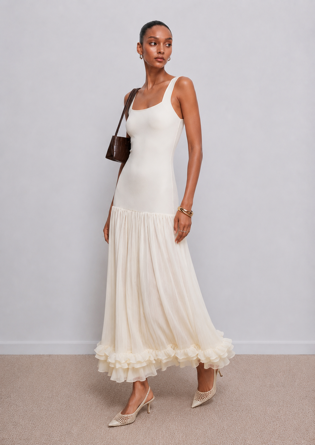 Bernice Knit Ruffle Trim Maxi Dress