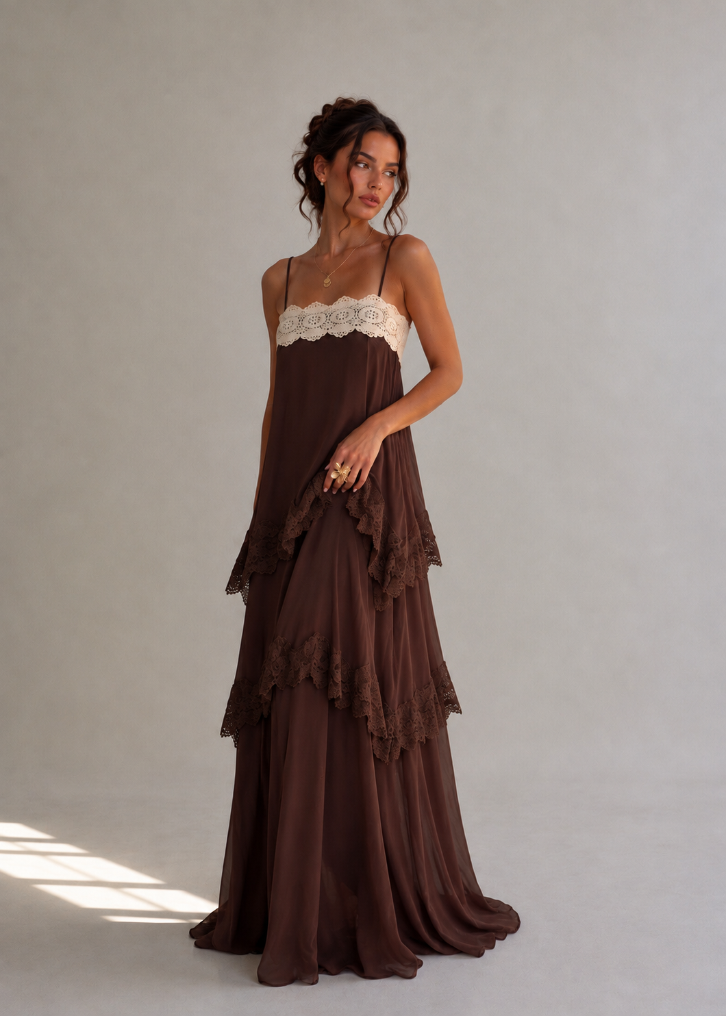 Joyce Lace Tiered Maxi Dress - Brown