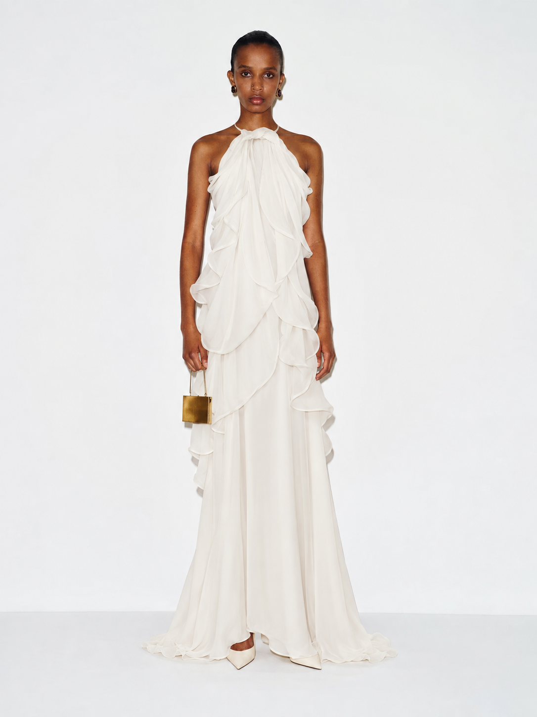 halter maxi white dress Maura Ruffle Chiffon summer halter dress