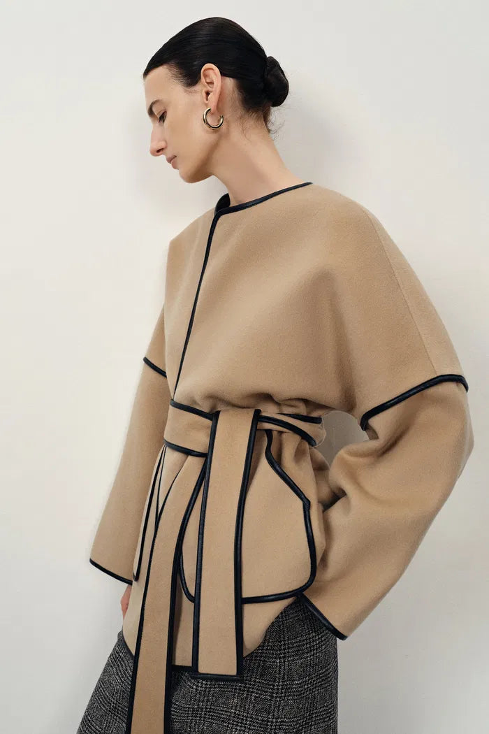 Lycoris Leather Trim Double Face Wool Coat in Merino Cashmere