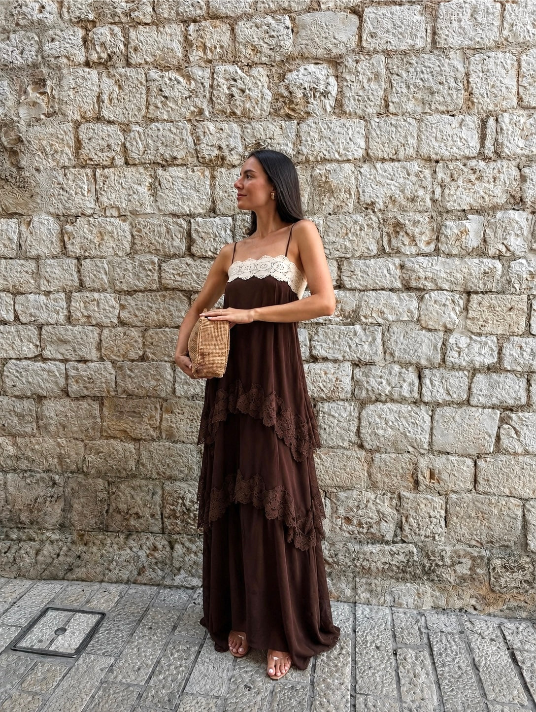 Joyce Lace Tiered Maxi Dress - Brown