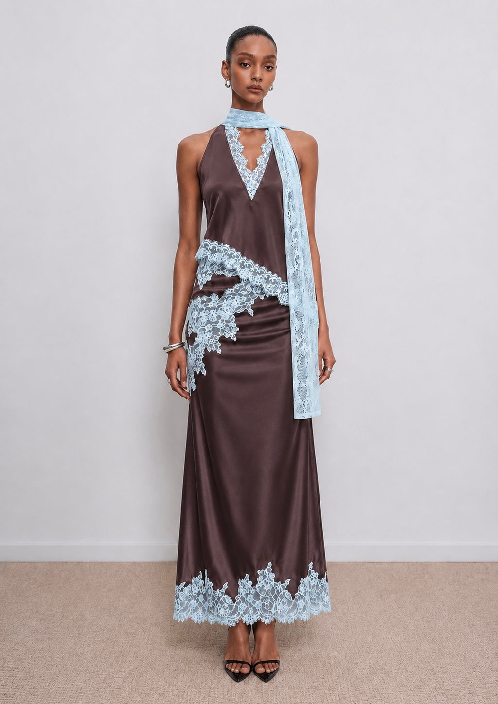 Kelsey Satin Lace Skirt - Brown