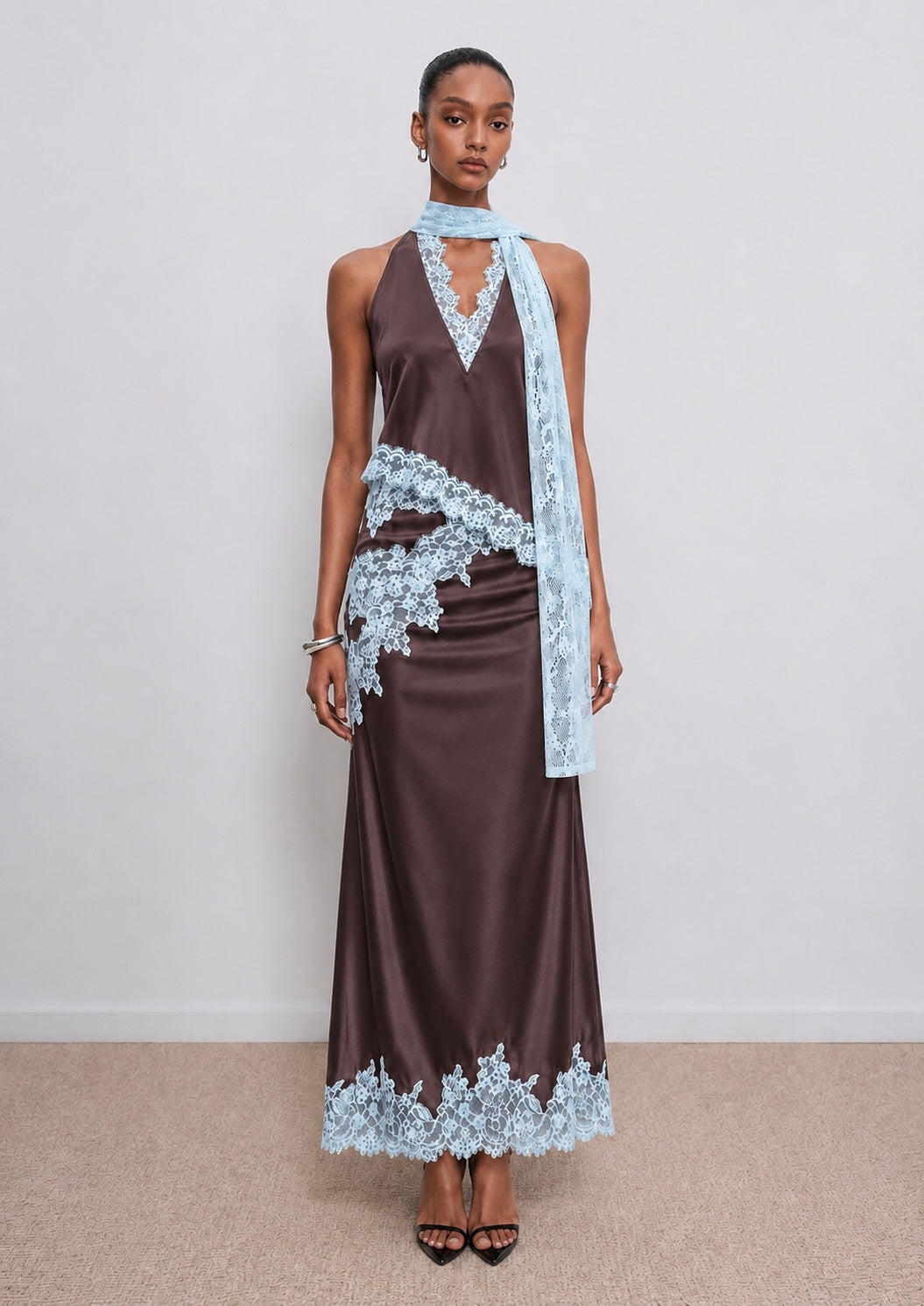 Kelsey Satin Lace Top - Brown