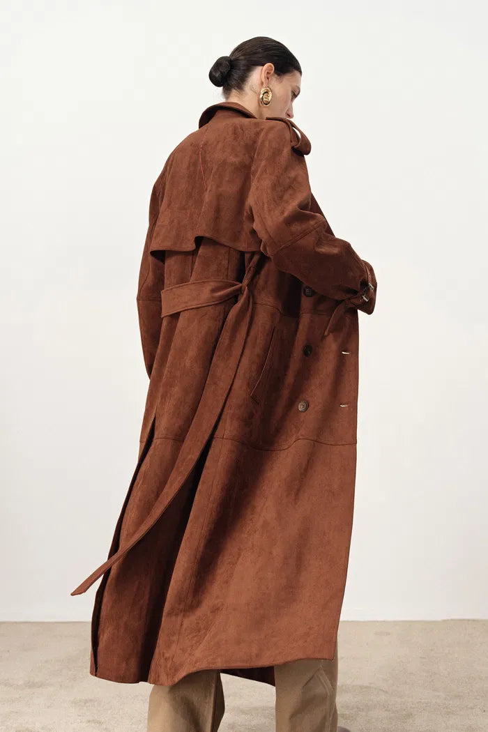 Tilda Detachable Epaulette  Trench Coat in Faux Suede