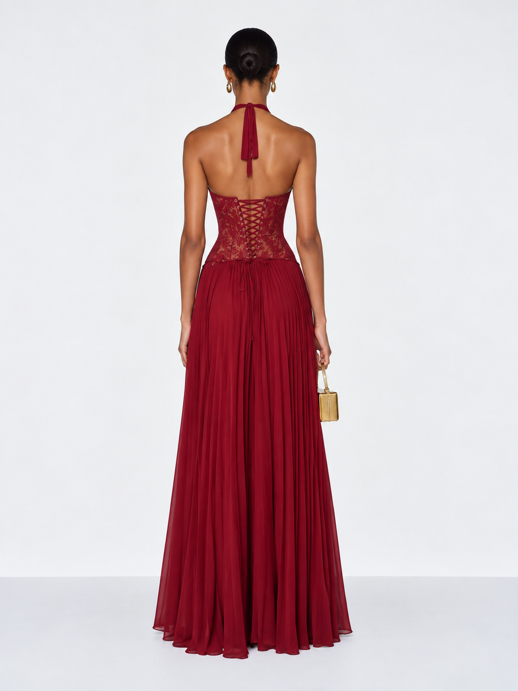 Esra Corset Pleated Maxi Dress - Red