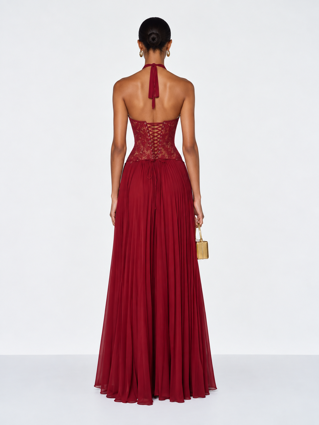 Esra Corset Pleated Maxi Dress - Red