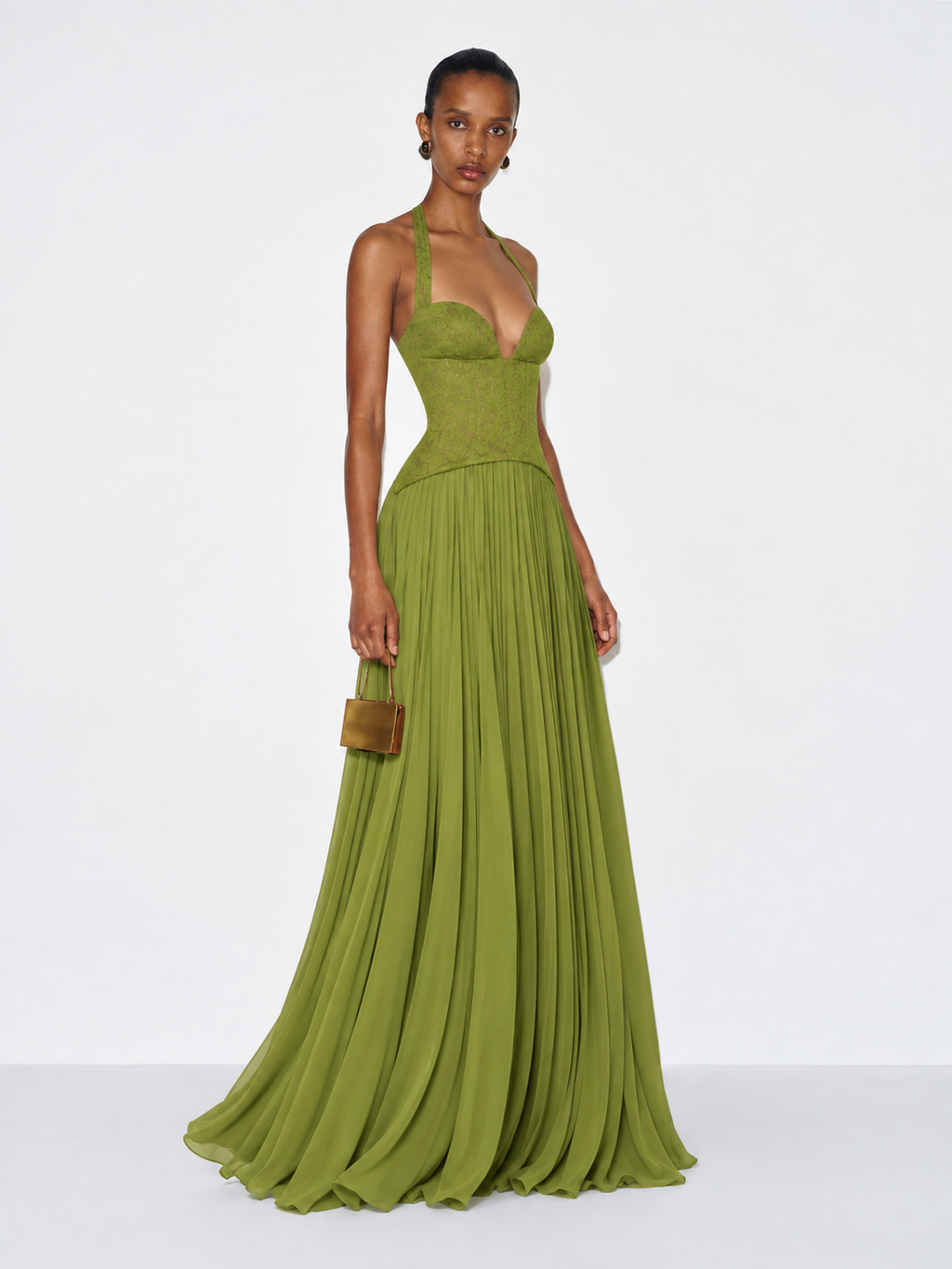 Esra Corset Pleated Maxi Dress - Olive