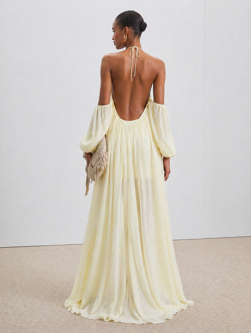 Butter Yellow Halter Neck Sheer Maxi Dress