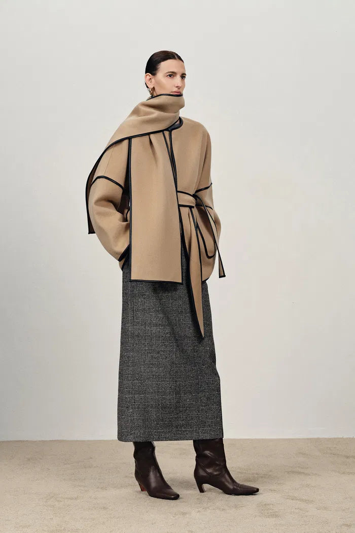 Lycoris Leather Trim Double Face Wool Coat in Merino Cashmere