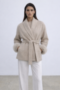 Minimal Belted Jacket with Faux Fur Cuffs - Beige