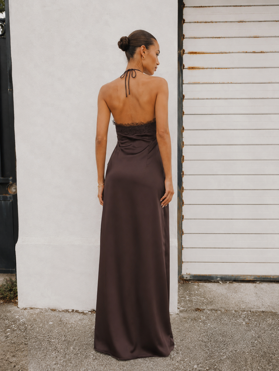 Priya Satin Lace Halter Maxi Dress