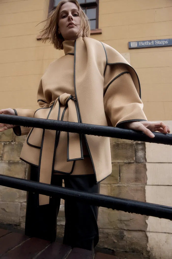 Lycoris Leather Trim Double Face Wool Coat in Merino Cashmere