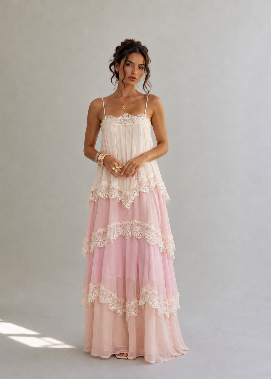 Joyce Lace Tiered Maxi Dress - Pink
