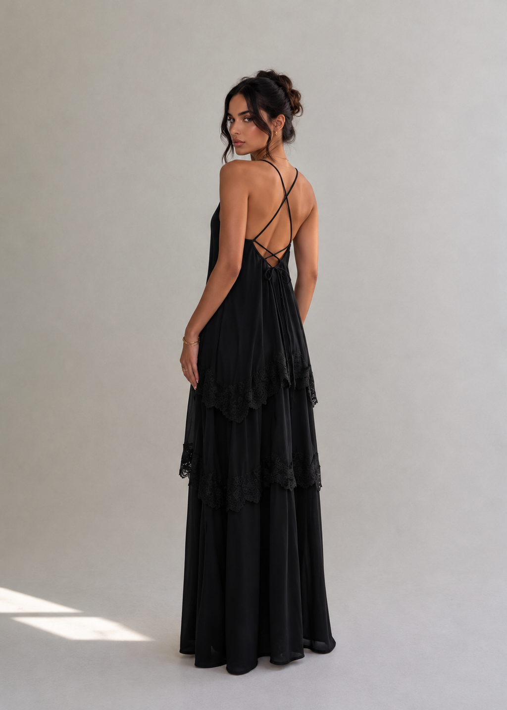 Joyce Lace Tiered Maxi Dress - Black