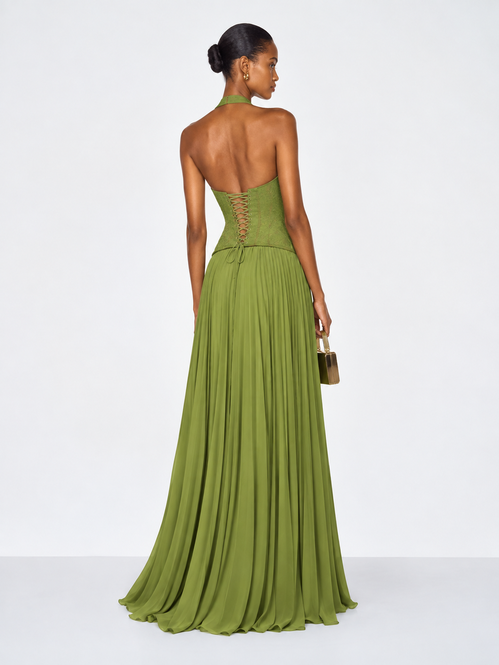 Esra Corset Pleated Maxi Dress - Olive