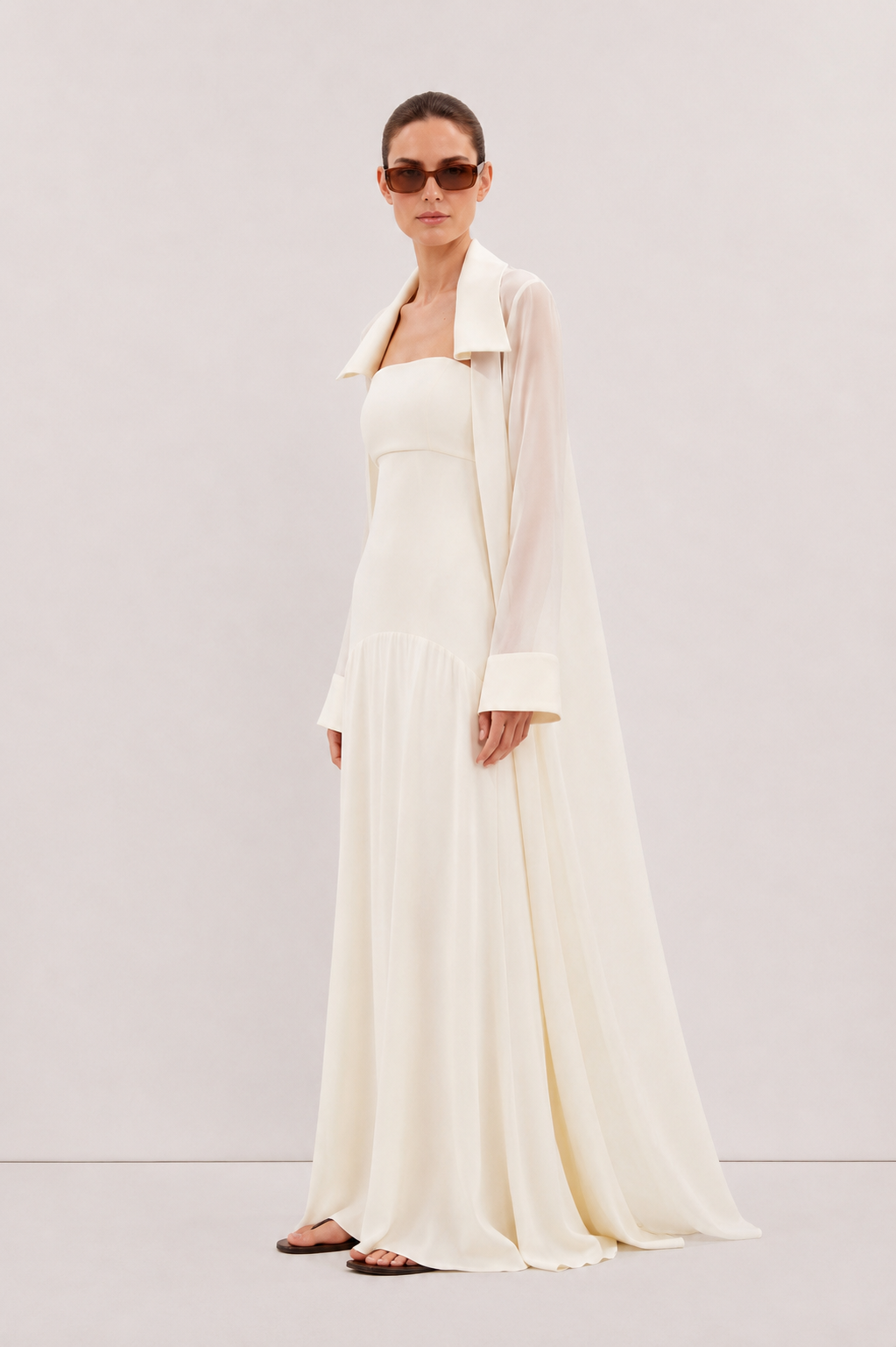 Amaya Satin Mesh Maxi Dress Set - Ivory