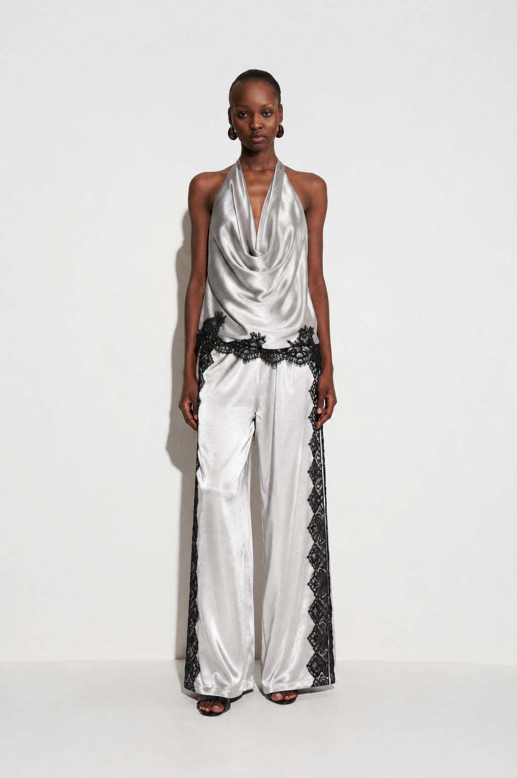 Agnes Satin Wide-Leg Pants with Lace Trim