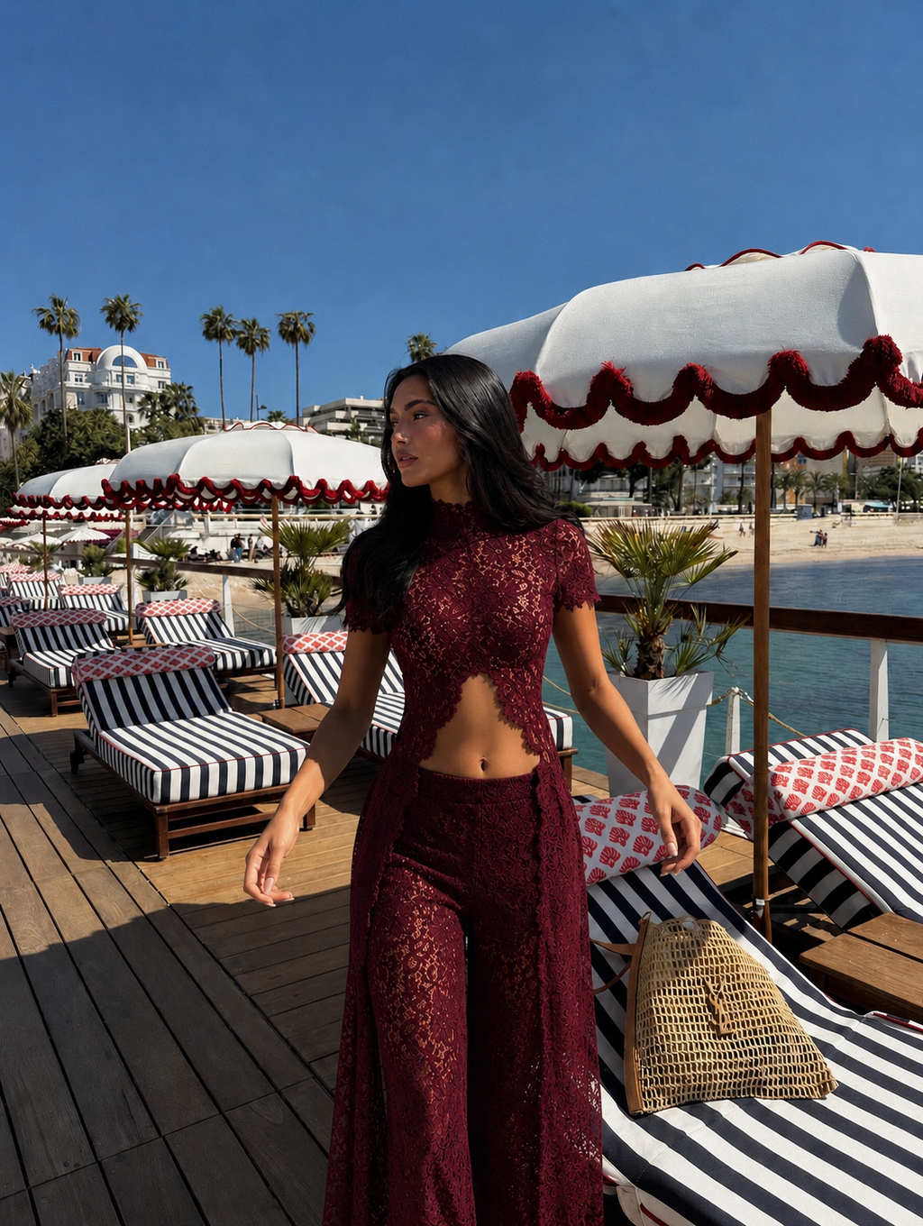 Loana Lace Top & Pants Set - Burgundy
