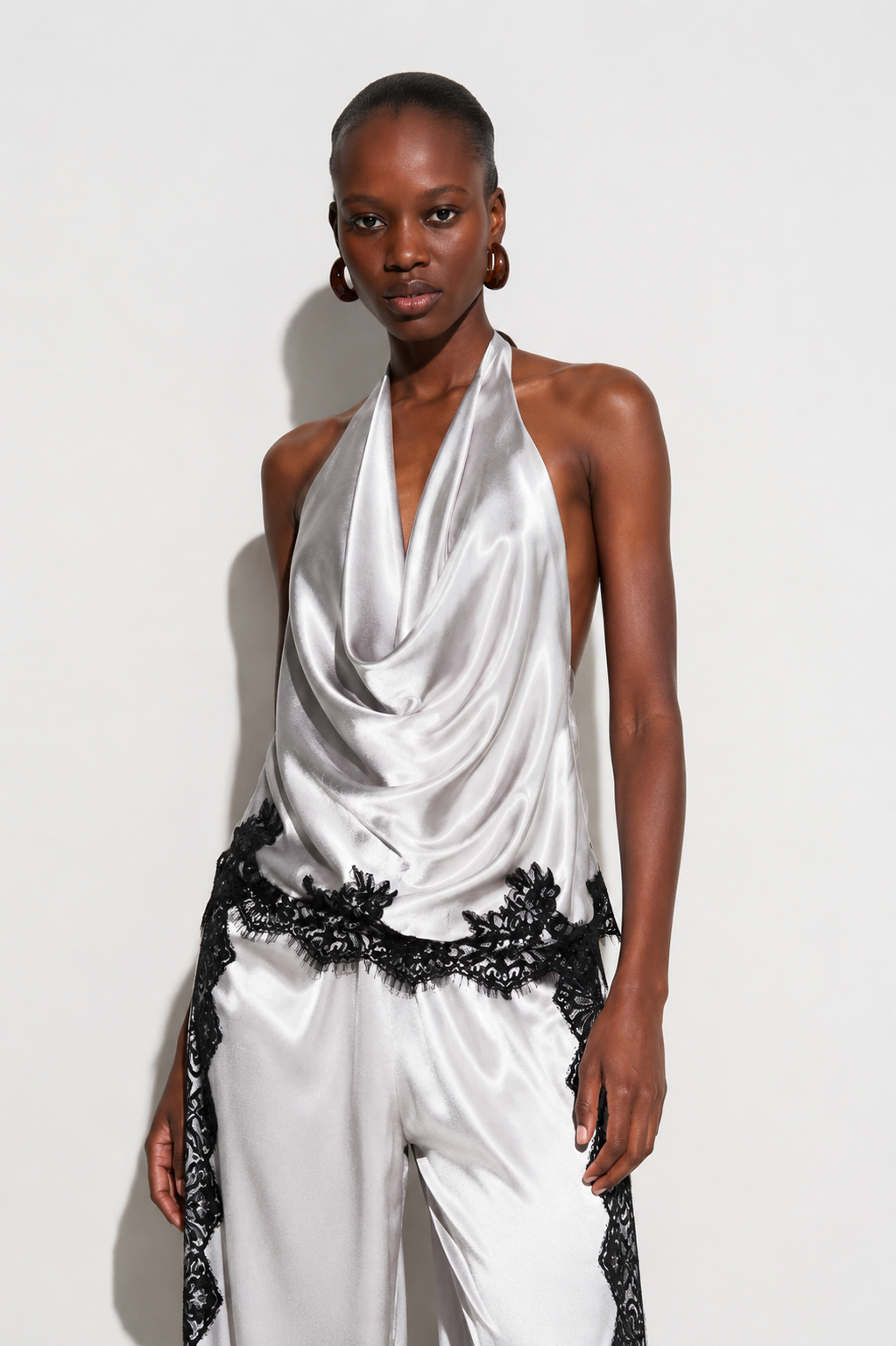 Agnes Satin Halter Top with Lace Trim