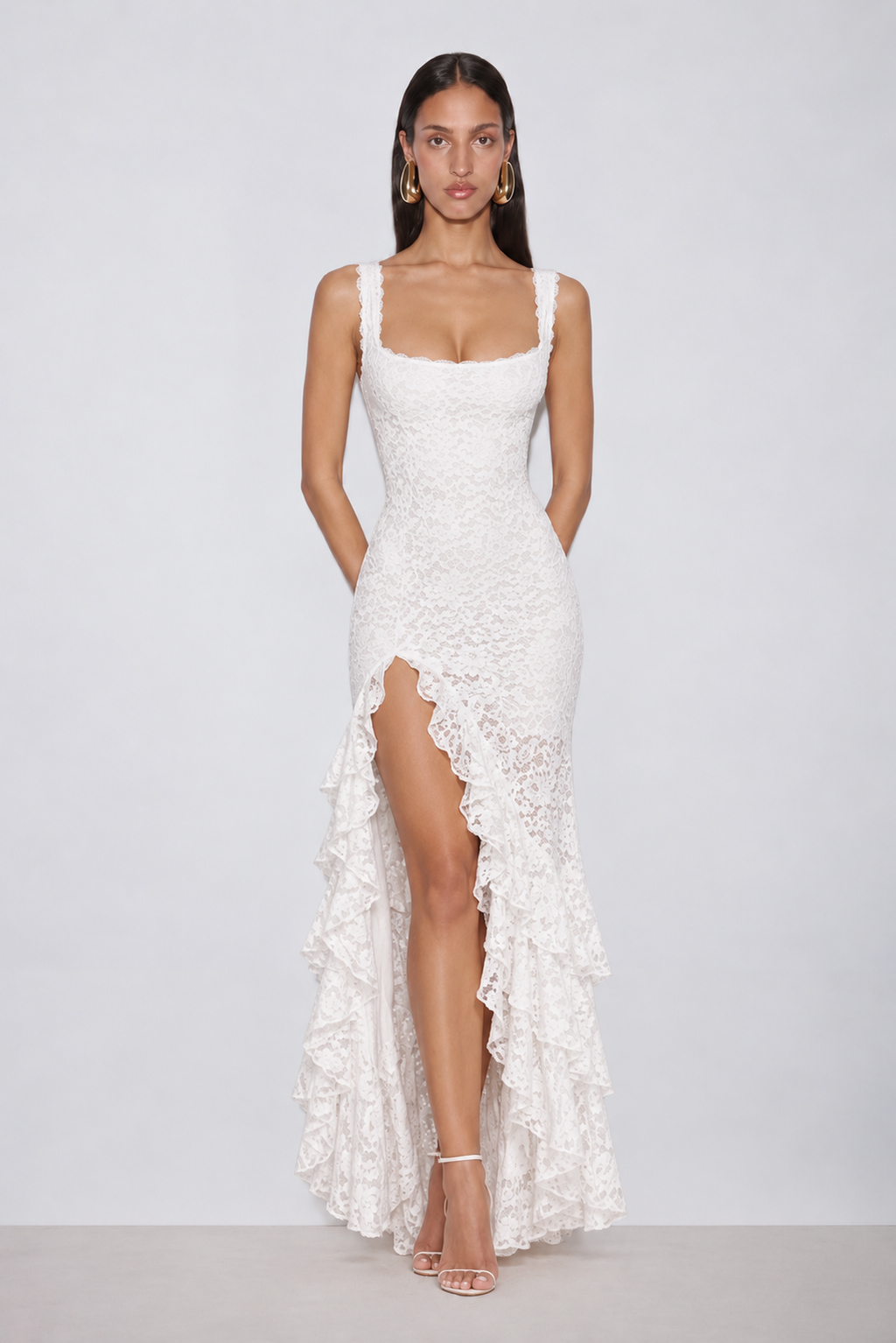 Amelia Lace Ruffle Midi Dress - White